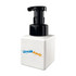 A square white foaming soap dispenser with a black pump top, featuring a logo on the front.