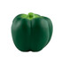 A green bell pepper stress toy with a smooth texture and rounded shape, featuring a logo on the side.