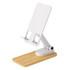 A white mobile stand with a bamboo base, designed for smartphones and tablets. It features an adjustable holder.