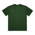 A green t-shirt featuring a simple design and a logo on the back.