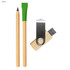 A bamboo pencil, green highlighter, and a wooden USB drive, featuring a metal clip.