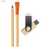 A set of eco-friendly office supplies including a wooden pencil, an orange-coloured highlighter, and a USB drive with a metal clip.