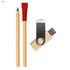 A bamboo pencil, red sharpener, and wooden USB drive in a gift set. The USB has a silver clip and branding.