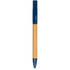 A pen with a bamboo body and navy blue cap, featuring branding on the side.