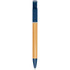 A bamboo and navy pen with a sleek design and a silver clip, featuring a branding logo.