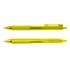 A yellow gel pen with a transparent barrel and a clip, featuring a shiny gold pen tip.