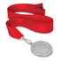 A podium medal featuring a 50mm silver medal with a blank center, attached to a bright red ribbon.