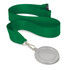 A silver podium medal with a green ribbon, featuring a metal loop for attachment.