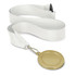 A gold podium medal with a smooth, round design attached to a white ribbon.