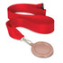 A 50mm podium medal with a shiny rose gold finish, attached to a red ribbon.