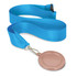 A podium medal with a rose gold circular medal attached to a blue ribbon. The medal has no text or design.