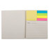 A daily planner with a beige cover, featuring lined pages and sticky notes in yellow, pink, green, and blue.