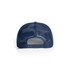 A navy mesh trucker cap featuring a plastic adjustable strap at the back and a branded logo.