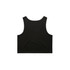 A black crop singlet featuring a simple, sleeveless design and a logo on the back.
