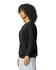 A black crewneck sweatshirt in a side view, featuring a relaxed fit and a logo on the sleeve.