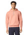 A lightweight hooded sweatshirt in a soft coral colour, featuring a drawstring hood and a logo.