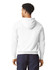 A white lightweight hooded sweatshirt viewed from the back, featuring a hood and casual fit.