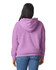 A lightweight hooded sweatshirt in purple, featuring a logo, viewed from the back.