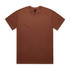 A brown t-shirt with a crew neck and short sleeves, featuring a logo in the neckline area.