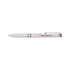 A white plastic pen with silver accents and a logo. It has a sleek, modern design.