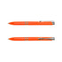 An orange pen with silver accents and a clip, featuring a smooth barrel design. It has branding on the side.