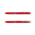 A red plastic pen featuring a polished finish and silver accents, with a clip for easy attachment.