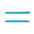 A turquoise plastic pen with silver accents and a clip, featuring a logo on its surface.
