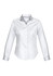 A white women's long sleeve button-up shirt with a grey collar and a logo on the chest.