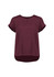A short sleeve blouse in burgundy with a keyhole detail at the neckline and a rounded hem. It features rolled sleeves and a logo.