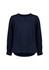 A navy blue long sleeve blouse with a round neckline and gathered sleeves. It features a subtle logo on the side.