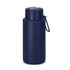 A drink bottle in navy blue with a screw-top lid and a carry strap. It features a logo on the front.