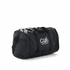 A black duffle bag with a logo, featuring a zippered main compartment and handles.