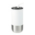 A drink bottle with a white body and stainless steel bottom, featuring a black lid and a white straw. Includes a logo.
