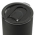 A drink bottle with a black matte finish and a sleek lid featuring a sliding opening. It has a straw and logo.