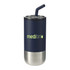 A drink bottle featuring a stainless steel base and a dark navy plastic upper, with a reusable straw and a logo.