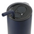 A drink bottle featuring a navy blue design, a lid with a straw, and a logo.