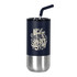 A drink bottle featuring a navy body, stainless steel base, and a metal straw. It has a decorative logo.
