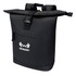 A black roll-top backpack with adjustable straps and a front zipped pocket, featuring a logo.
