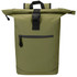 A recycled roll-top backpack in olive green with a front zip pocket and adjustable straps. Features a logo.