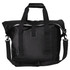 A black soft roll-top cooler bag with sturdy handles and a detachable shoulder strap. It features a logo.
