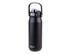 A drink bottle in matte black featuring a quick release lid and a handle, with a logo on the front.