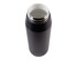 A drink bottle featuring a sleek black design with a stainless steel opening and a silver rim. It has a logo.