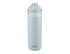 A drink bottle in a light blue hue with a quick release lid and a handle. It features a logo on the front.