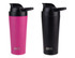 A drink bottle set featuring a pink and a black vacuum protein shaker, both with a lid and logo.
