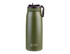 A drink bottle featuring a green matte finish, a spout lid, and a sturdy handle. It has a logo on the front.