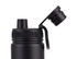 A drink bottle in black with a screw cap and flip top, featuring a handle and a logo.