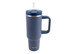 A drink bottle in navy blue with a handle and a straw, featuring a durable design and logo.