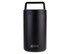 A drink bottle with a sleek black exterior, featuring a handle and an attached spoon. Branding is present.