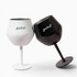 Two wine glasses, one white and one black, featuring a logo, with a detachable stem and bowl design.