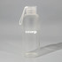 A drink bottle made of clear borosilicate glass with a cap and a white brand logo.